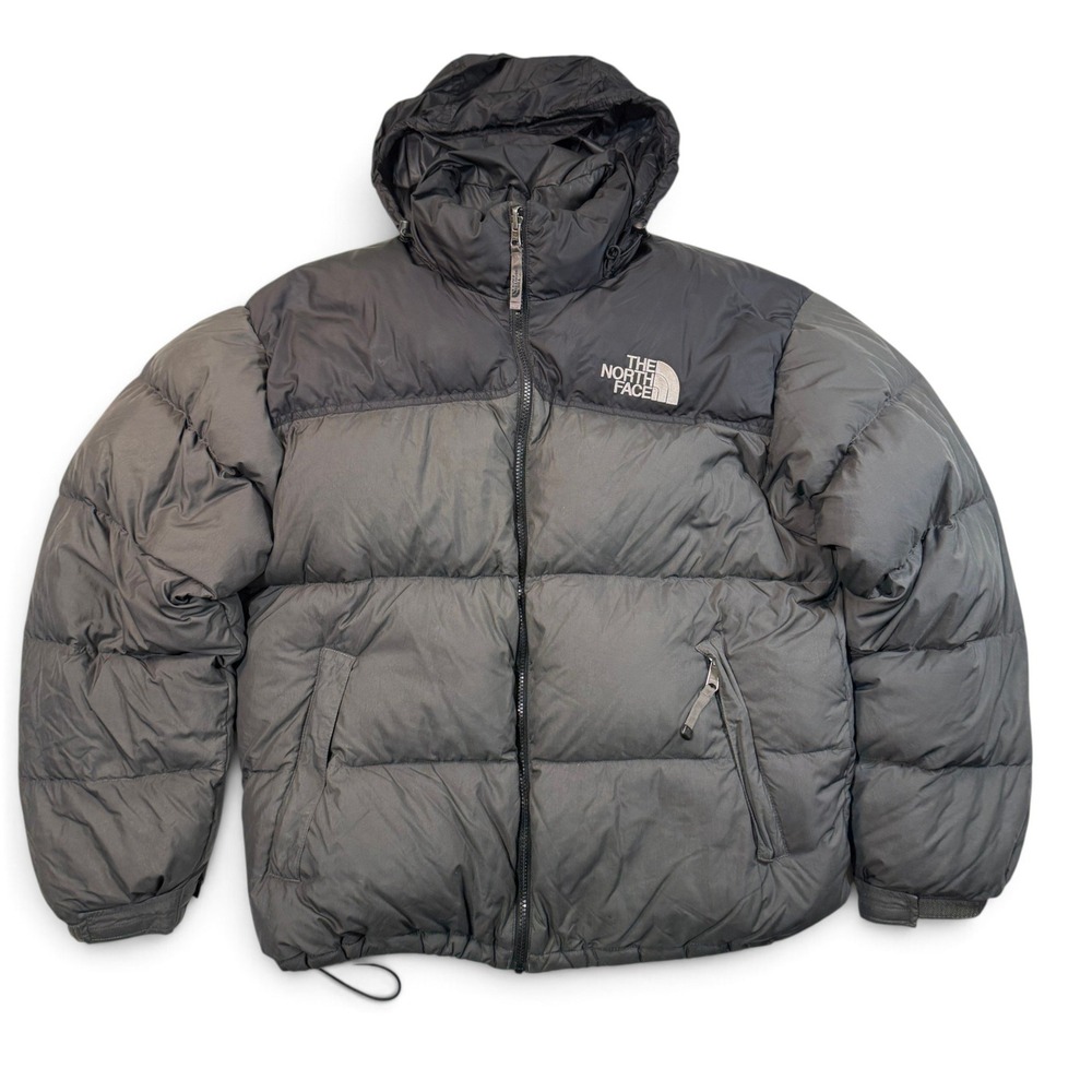 The North Face Nuptse 700 Down Puffer Jacket Mens Large Gray Black Hooded A187
